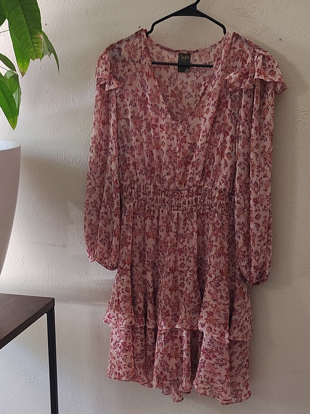 Taylor Pink Floral Ruffle Tiered Long-Sleeve Dress